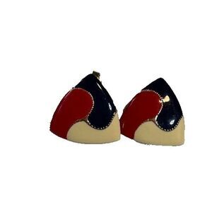 Vintage Fashion Costume Black/Red/Cream Enamel on Gold Triangle Clipon Earrings